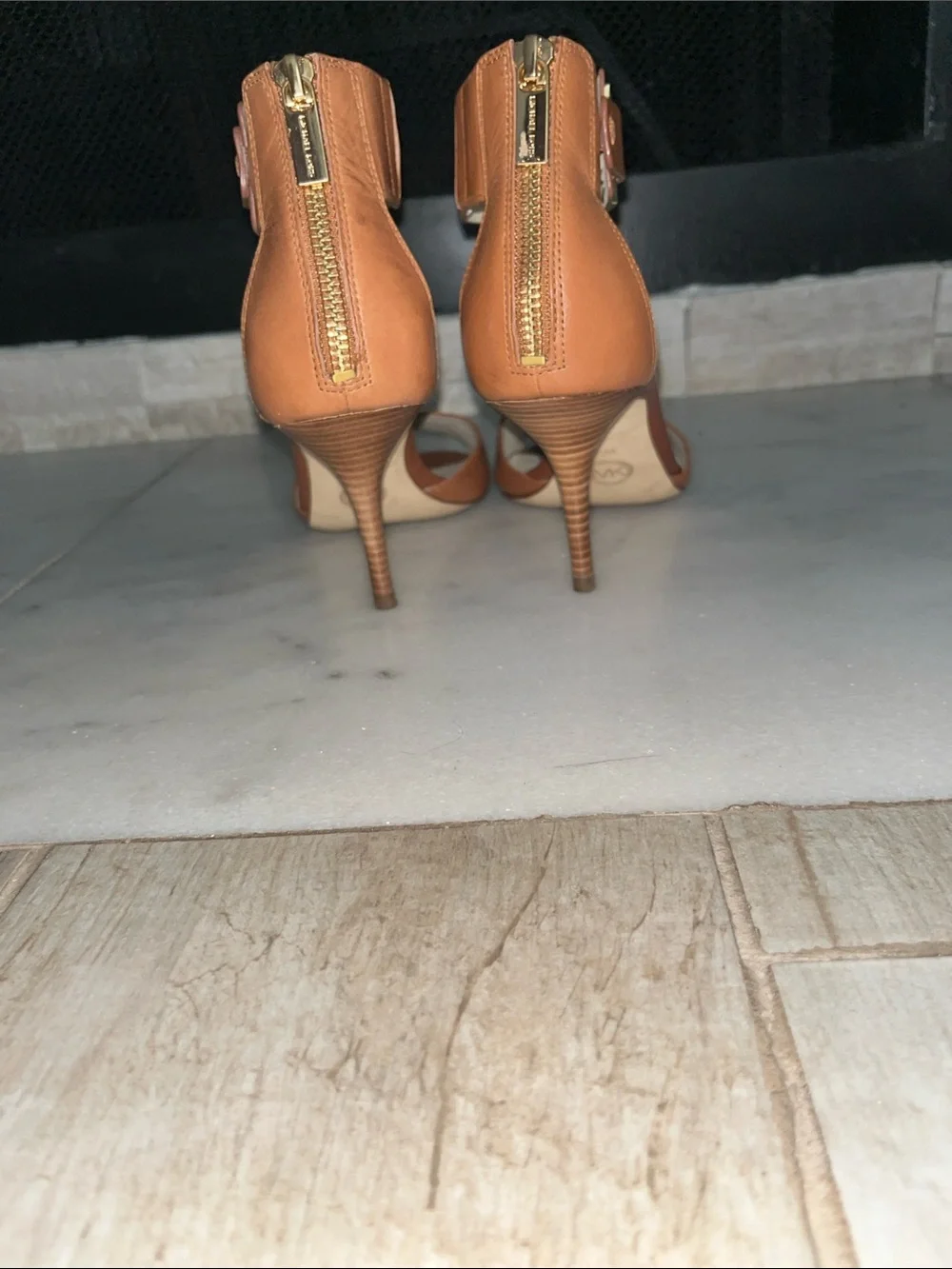 Michael Kors Tan Leather Open-Toe Ankle-Strap Heels